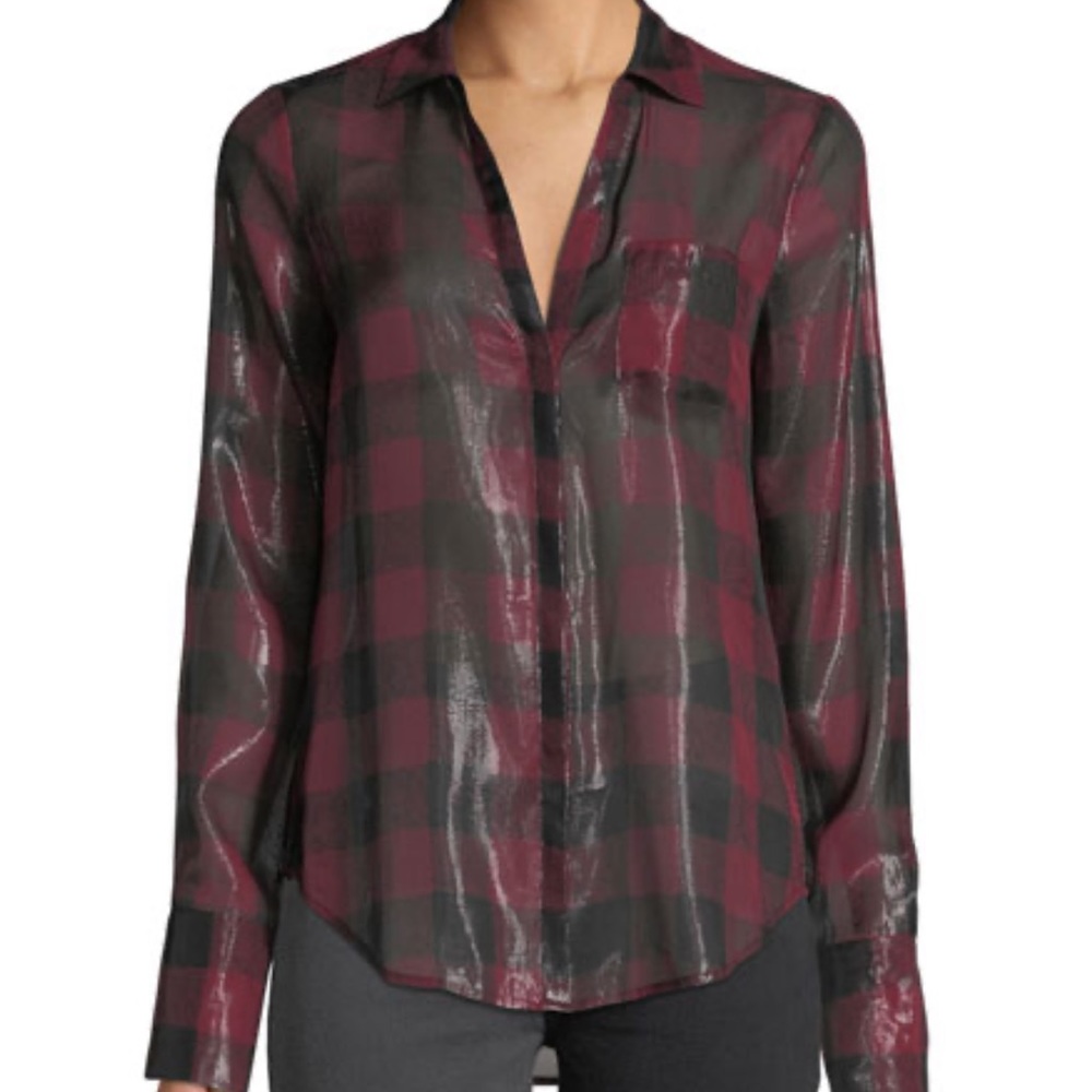 PAIGE Bevyn silk Metallic Plaid Button-Front Shirt small